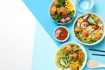 Fried tofu salad with fresh vegetables and sauce