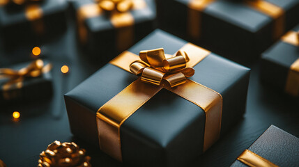 Stylish Black Boxes with Gold Ribbons for Black Friday and Holiday Sales