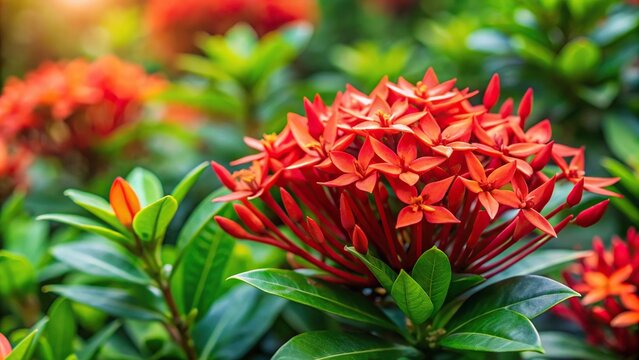 Red ixora coccinea flowers blooming in the garden