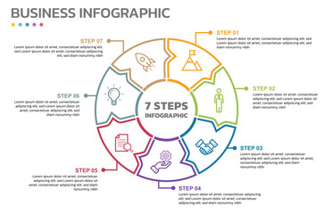 Visual data presentation. Cycle diagram with 7 options. Pie Chart Circle thin line infographic template with 7 steps, options, parts, segments. Business concept. Marketing infographic outline style.