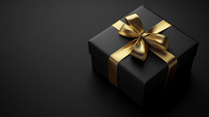 Obraz premium Stylish Black Gift Box Tied with Gold Ribbon Against Black Background
