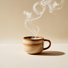 Coffee mug with smoke blowing with coffee cream color on white background
