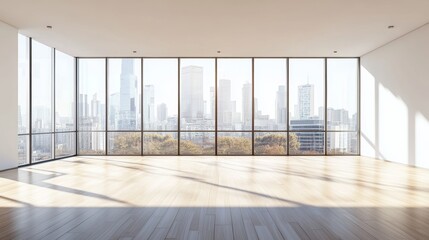 Fototapeta premium Bright, spacious modern apartment with panoramic city skyline views flooded with daylight