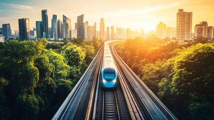 Fototapeta premium Futuristic city with soaring skyscrapers, green energy systems, and advanced maglev trains viewed from above