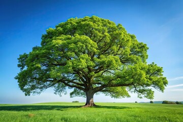 Fototapeta premium Tall isolated oak tree with green leaves in wide-angle view