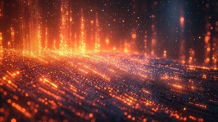 A vibrant display of glowing particles creating a dynamic, abstract landscape.