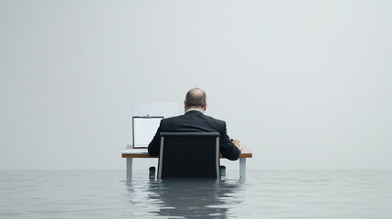 Drowning in Work: A businessman sits at his desk, submerged in water, symbolizing the overwhelming pressures and challenges of modern work life.  The image evokes feelings of stress.