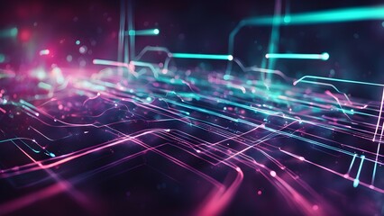 Naklejka premium A vibrant digital landscape with glowing lines and nodes, representing technology and data flow.