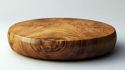 A smooth, round wooden serving platter with a rich grain pattern.