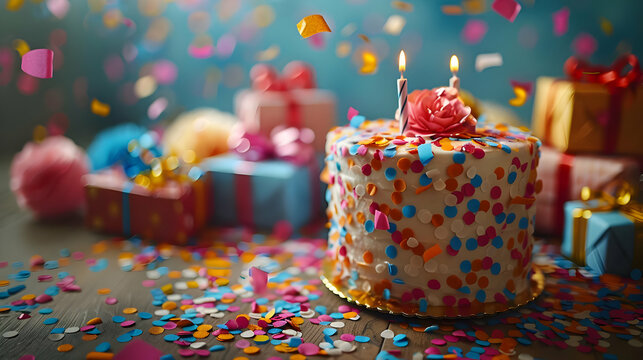 Birthday Cake with Confetti and Candles - Photo