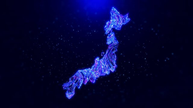 Abstract motion view Japan map design, featuring glowing blue hairlines, dynamic flowing patterns, and scattered bokeh dot particles, creating a tech-inspired and modern digital aesthetic