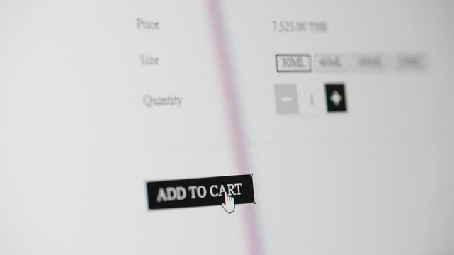 User click add to cart button to shop interesting product in online store application. Consumer using e-commerce website through internet. Concept of online technology for convenience. Webography.