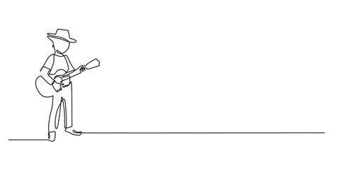 one continuous line drawing of a child playing an acoustic guitar.one line drawing of a boy with a talent for playing music.single line vector illustration.isolated on white background