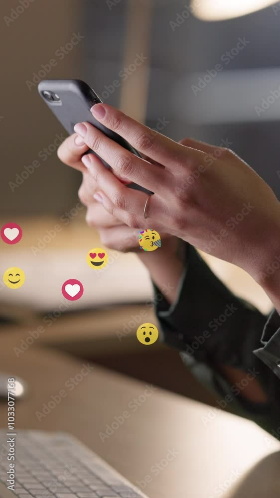 Aufkleber hands, woman and smartphone at office with emoji on social media, dating app or website for fun. clo