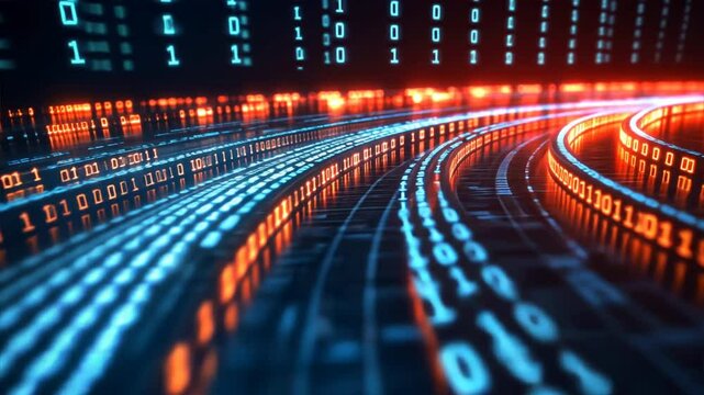 Abstract digital data network with flowing binary code and light trails, symbolizing fast data transfer and connectivity Close-up photo with clean background