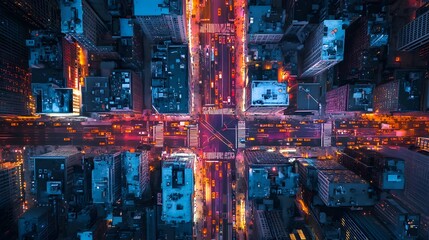 Obraz premium Urban metropolis with a cyberpunk aesthetic, vibrant lighting, and sustainable architecture from a top view