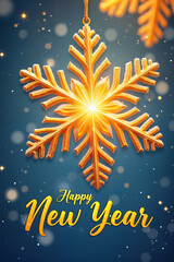 Fototapeta premium Golden snowflake ornament against a dark blue background, with the words Happy New Year written below it.