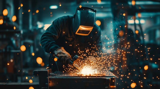 A welder operating an arc welder in a workshop, producing vivid sparks while welding two metal pieces together