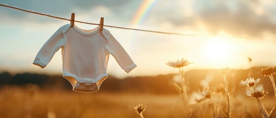 A charming scene featuring a white baby onesie hanging on a clothesline at sunset, surrounded by wildflowers, evoking feelings of warmth and joy in nature.