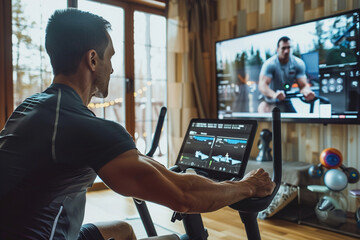 Remote fitness coach leading virtual workout session, demonstrating exercises in home gym, webcam recording