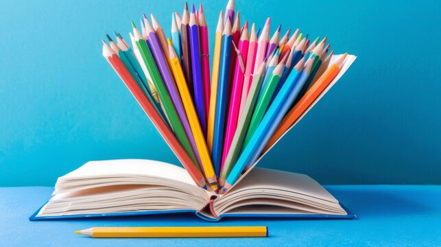 Open book surrounded by colorful pencils and various school supplies on a vibrant blue background, representing the essence of learning and creativity in an educational environment.


