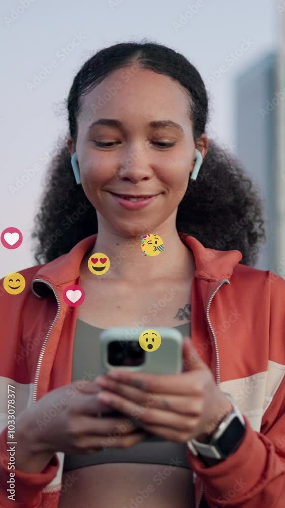 Poster outdoor, woman and smile on smartphone with emoji on social media, dating app or website for fun. ha