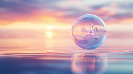 Floating Molecules in Clear Liquid Bubble at Sunset