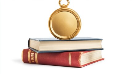 Gold medal placed on top of a stack of books, representing success in learning and leadership, isolated on white background