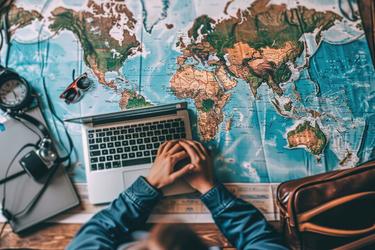 Virtual travel agent planning itineraries, booking accommodations online, discussing preferences with clients through chat