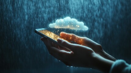 A hand holding a smartphone with a glowing cloud above it in a rain-like setting.