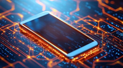 Smartphone on circuit board with glowing lines, futuristic technology concept.