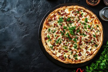 Gourmet Pizza Topped with Bacon, Onion, and Cheese