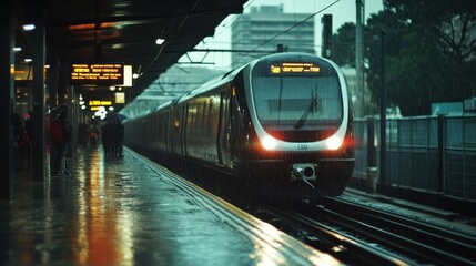 Fototapeta premium A train arrives at a rainy station, reflecting wet surfaces and urban surroundings.