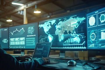 Naklejka premium Virtual supply chain manager coordinating logistics operations, tracking shipments, optimizing routes with specialized software