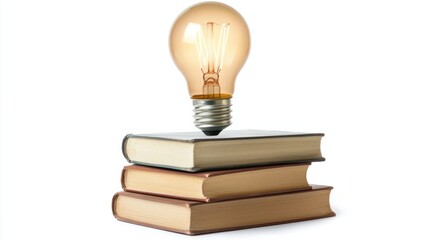 Light bulb illuminating a stack of books, symbolizing the power of learning and leadership, isolated on white background