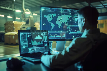 Virtual supply chain manager coordinating logistics operations, tracking shipments, optimizing routes with specialized software