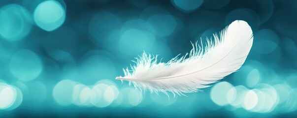 Naklejka premium Floating White Feather Against a Teal Bokeh Background in a Calm and Serene Atmosphere