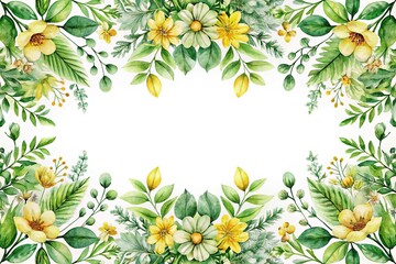 Fototapeta premium watercolor painting of green plants and yellow flowers on a white background