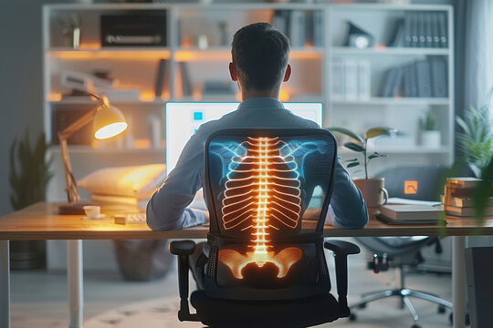 Person sitting upright in ergonomic office chair, lumbar support pillow, relaxed and comfortable posture