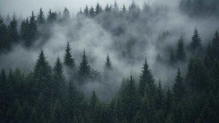 Fototapeta premium A misty forest landscape with dense evergreen trees shrouded in fog.