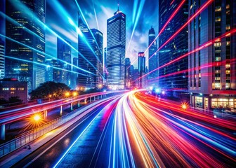 Obraz premium Cyberpunk Night Lights: Luminous Motion Blur and Light Trails in Double Exposure Photography
