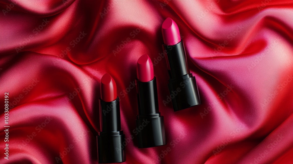 Wall mural luxurious red and pink lipsticks elegantly displayed on vibrant satin fabric for a bold beauty prese