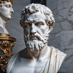 Naklejka premium Marble bust of the ancient philosopher with expressive facial features on a light background. Stoicism