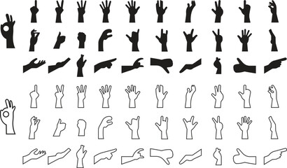 Hand Gesture flat and line icons Set. Hand drawn Emoji. Perfect vectors for communication, body language designs element. Okay, Thumb up, palm, peace, Raise hand Waving sign on transparent background.