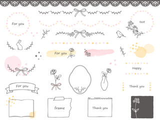かわいい手描きのフラワーフレームやラインのイラストセット