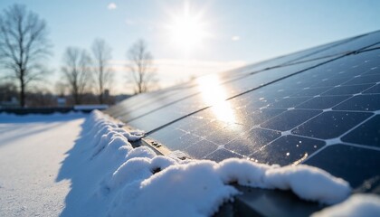 Solar panels covered with snow reflecting sunlight in a winter landscape