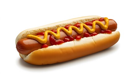 Hot dog with mustard and ketchup, side view isolated on a white background. 