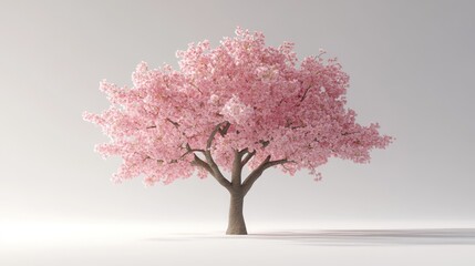 Obraz premium A single cherry blossom tree with pink flowers and brown branches on a white background.