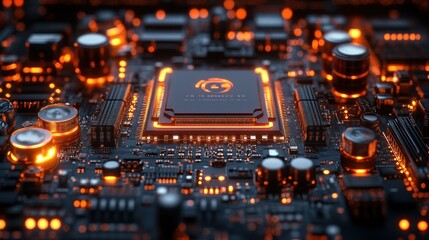 Obraz premium Close-up of a circuit board with glowing components, highlighting technology and innovation.