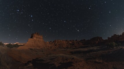 A panoramic view of a desert landscape at night with a starry sky. The red rock formations stand tall under the vast expanse of stars.